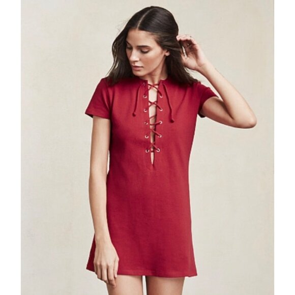 Reformation Caroline Lace-Up Neck Short-Sleeve Mini Dress in Red Size XS - Picture 8 of 13